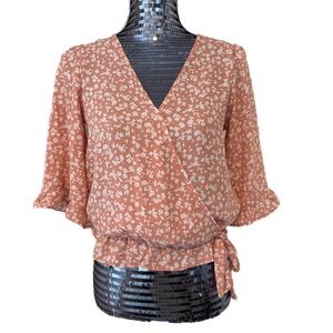 Sienna Sky Floral Faux Wrap Blouse Blush Ruffle Sleeve Cottagecore Sz XS NWT